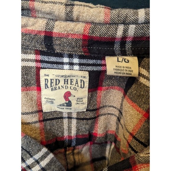 Redhead Mens Large Long Sleeve Flannel Shirt Tan Black Red Plaid Button Up - Picture 3 of 3